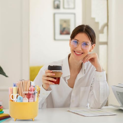 SKYDUE 360 Degree Rotating Desk Organizer, Dual-Purpose Pencil Pen Holder, Rotating Desk Pen Organizer with 5 Slots, Pencil Cup for Office, School, Home - color: Yellow