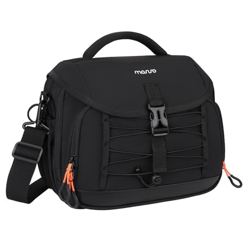 MOSISO Camera Bag, Photography Shoulder Messenger Waist Bag for DSLR/SLR/Mirrorless Cameras, Padded Flap Camera Case with Rain Cover&Front Elastic Cord&BottomTripod Holder for Canon/Nikon/Sony, Black