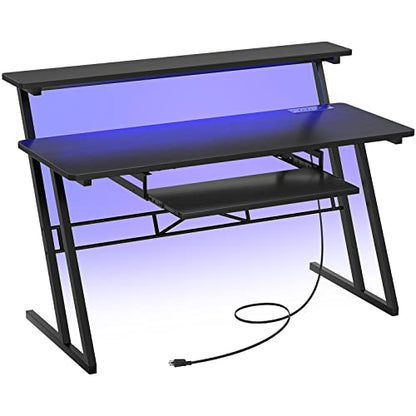 Armocity Music Studio Desk, Music Production Workstation with Power Outlets and RGB LED Lights, Recording Studio Table Desks Music Producer for Home, Black