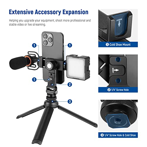 NEEWER Metal Cell Phone Tripod Mount Adapter with 4 Cold Shoes & Three 1/4" Screw Holes, 360° Horizontally Rotatable, 180° Tiltable Phone Holder Compatible with iPhone Samsung for Vlogging Streaming - style: PA1
