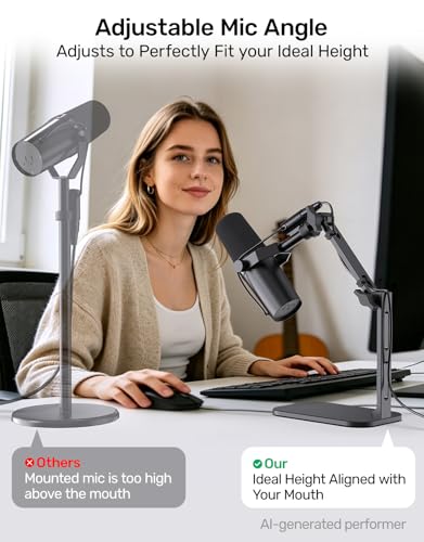Heavy-Duty Desk Mic Stand, Max Load 2.68 lb Compatible with Rode Podmic, Blue Yeti, Shure and More Mics, Perfect for Small Space Home Office Streaming Setup, Black (up to 1220g)