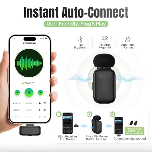 Mini Wireless Lavalier Microphone for iPhone/Android/PC with USB-C Plug, 3-Level Noise Reduction, 30H Battery Life with Charging Case, AI Voice Changer Microphone, Tiny Mics for Vlogging & Podcast