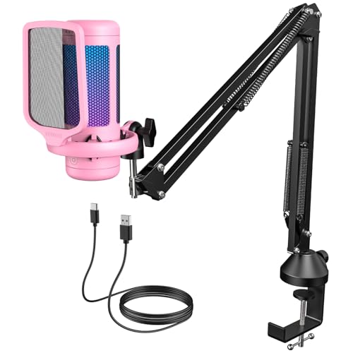 TONOR Gaming Microphone Arm Set, RGB Condenser Mic with Boom Arm, Quick Mute, Adjustable RGB Brightness, Pop Filter, Shock Mount, Gain Control for Streaming, Discord Twitch YouTube,TC310+ Pink - color: Pink, style: RGB Mic with Boom Arm