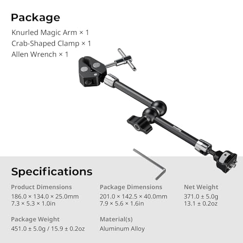 SMALLRIG 11 Inch Magic Arm with Crab-Shaped Clamp, Arm with 1/4"-20 Screw and Retractable Pins, for Action Cameras, Monitors, Video Lights, and Microphones - 5311