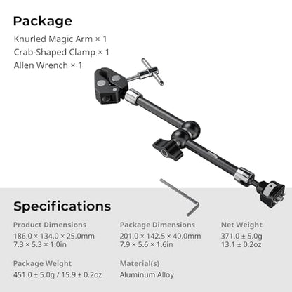 SMALLRIG 11 Inch Magic Arm with Crab-Shaped Clamp, Arm with 1/4"-20 Screw and Retractable Pins, for Action Cameras, Monitors, Video Lights, and Microphones - 5311