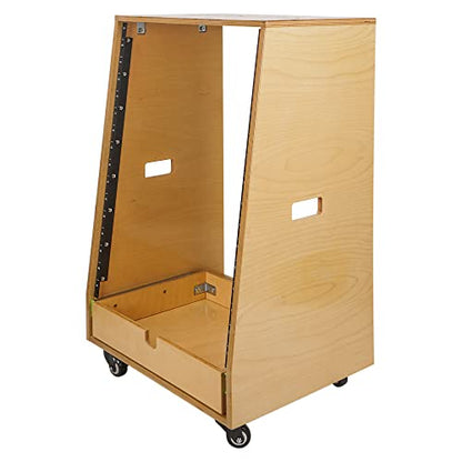 Sound Town DIY 16U Slanted Recording Studio Rack with Extra 2U Drawer, Rubber Feet & Casters, Solid Baltic Birch Plywood Audio Equipment Rack, Golden Oak (SDRK-16TD2) - size: 16U, Golden Oak, Slanted w/ Drawer
