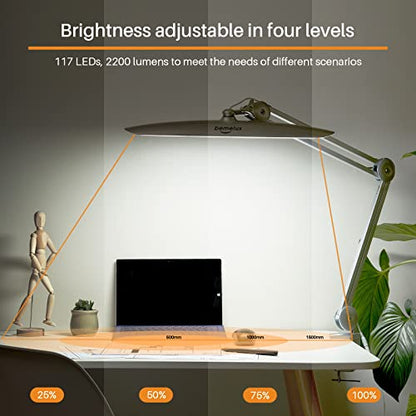 LED Desk Lamp with Clamp, Dimming Task Lamp for Reading Desktop Office Workbench Table Architect Sewing Study Home Craft, 117PCS LEDs, 2200 Lumens 20 Inch Metal Swivel Arm Work Lamp (Silver) - size: SILVER-NonCCT-Non Protective