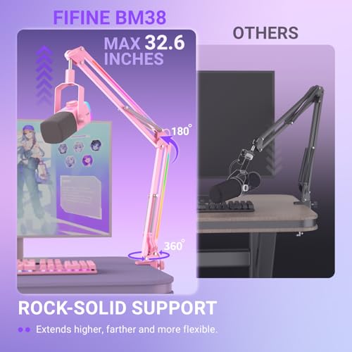 FIFINE Microphone Boom Arm, Metal Adjustable Mic Arm Stand with RGB Button, 3/8” to 5/8” Screw Adapter, Desk Mount Clamp, Suspension Scissor Mic Stand for Gaming Streaming Podcast-AmpliGame BM38P - color: Pink