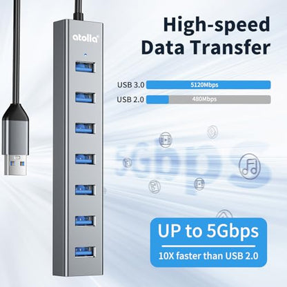 atolla Aluminum 7-Port USB 3.0 Hub with 1m Extension Cable - 5Gbps High-Speed Data Transfer for MacBook Pro, Laptop, PC, Gaming Setup-Gray - color: Gray
