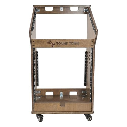 Sound Town DIY Studio Rack with 11U Slant Mixer Top, 10U Front Rack, 2U Bottom Storage, Casters, Rubber Feet, Baltic Plywood, Weathered Brown (SDRK-M11X12B) - size: 12U,Weathered Brown