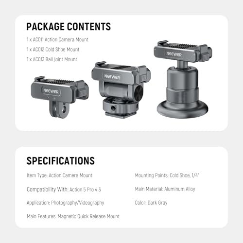 NEEWER Action Camera Accessories Kit Compatible with DJI Osmo Action 5 Pro/4/3, Cold Shoe Mount, Quick Release Magnetic Mount & Ball Head Adapter, AC011+AC012+ AC013, Dark Gray - style: AC011+AC012+AC013