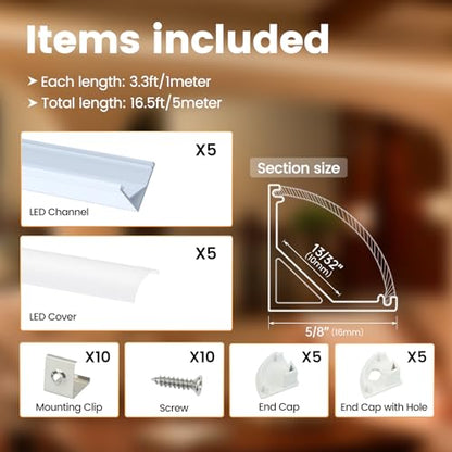 Muzata 5Pack 3.3FT/1M V Shape LED Channel Silver Aluminum LED Strip Diffuser Channel with Milky White Cover Frosted Corner Lighting Easy Installation V1SW WW 1M - size: 5Pack