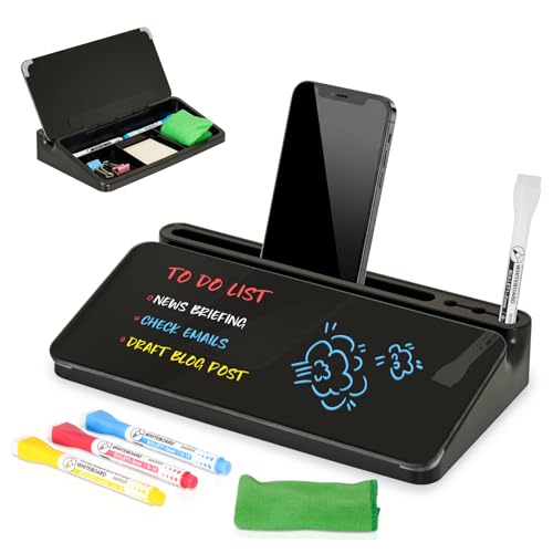 DOLLAR BOSS 12''x7'' Glass Desktop Whiteboard Small Dry Erase Board with Storage Drawer Computer Keyboard Stand Desk Organizer Office Accessories School Supplies with 4 Markers, Black - color: Black-black Box, size: 12''x7''