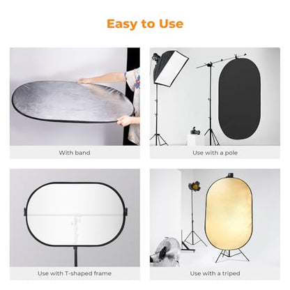 K&F CONCEPT 24" x36”(60x90cm) 5-in-1 Oval Foldable Reflector with Carrying Bag, Gold, Silver, Black, White Reflective Fabric and Translucent Soft Fabric for Studio Lighting - size: 60x90cm
