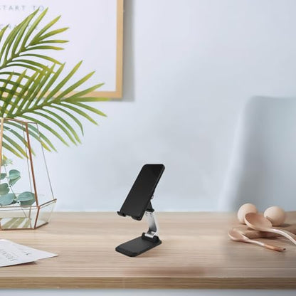SHERCHPRY Aluminum Alloy Desktop Phone Holder Stand for Office and Home, Foldable Tablet and Cell Phone Desk Stand, Heavy Duty Stable Base in Black for Live Streaming and Video Calls