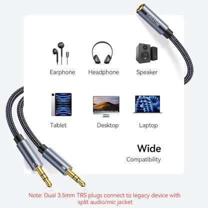 SAMZHE Headphone Splitter for Computer 3.5mm Female to 2 Dual 3.5mm Male Braided Audio Splitter Cable Microphone Stereo Jack Earphones Port Cord Gaming Headset to PC Laptop Adapter Black