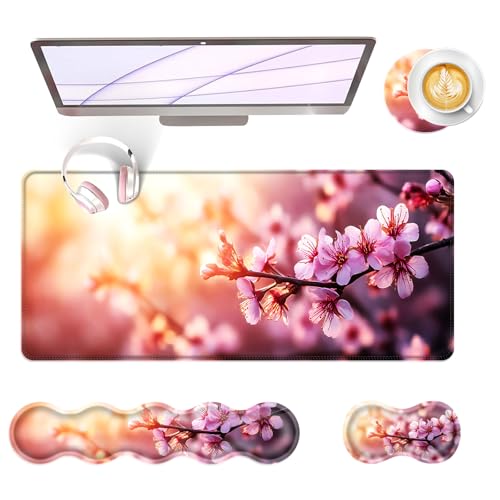 Large Keyboard Mouse Pad Set, Extended Mouse Pad+Keyboard Wrist Rest Support, Memory Foam Ergonomic Easy Typing, 4Pcs (31.5×11.8 in) Desk Pad Set for Office Home,Cherry Blossom Floral - color: Cherry Blossom Floral