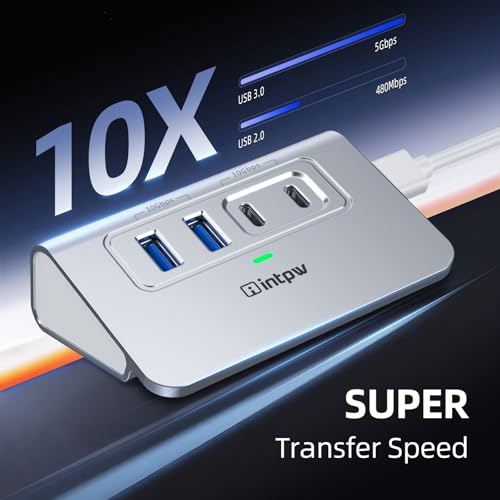 Intpw USB 3.2 Hub,Aluminum 4 Port USB Splitter 10Gbps with 2 USB C/USB A 3.2 Data Ports, 3.3ft Cable, USB HUB for PC/Laptop/Xbox/FlashDrive/Printer/Camera/Keyborad/Mouse - size: 10Gbps