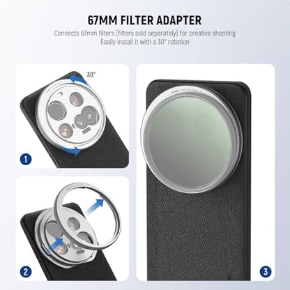 NEEWER 15 Ultra Case, Protective Phone Case Compatible with Xiaomi 15 Ultra, Heavy Duty TPU + PC Faux Leather with 17mm Lens Mounts & 67mm Filter Adapter for Wireless Charging, PA101 Black + Silver - style: Case for 15 Ultra/Black+Silver