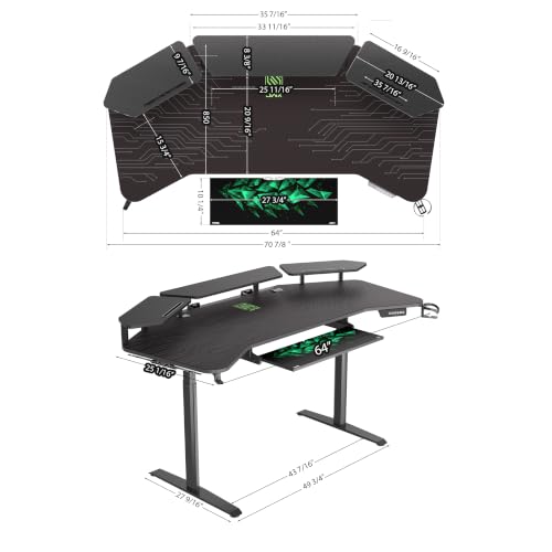 JWX Dual Motor Standing Gaming Desk with Aluminum Alloy Led Lights, 72'' Wing Shaped Large Gaming Studio Music Desk with Slot Design Shelves, for Streamer, Social Media Influencer & Music Recording - size: Wing Shaped-Black