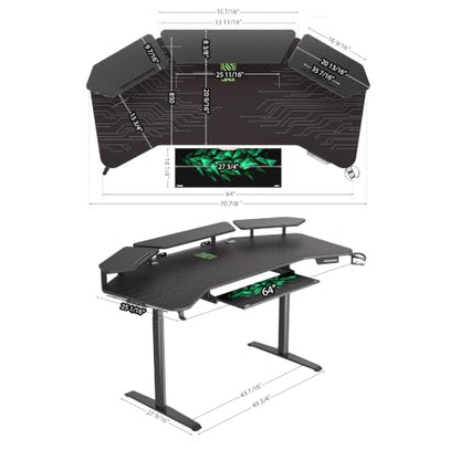 JWX Dual Motor Standing Gaming Desk with Aluminum Alloy Led Lights, 72'' Wing Shaped Large Gaming Studio Music Desk with Slot Design Shelves, for Streamer, Social Media Influencer & Music Recording - size: Wing Shaped-Black
