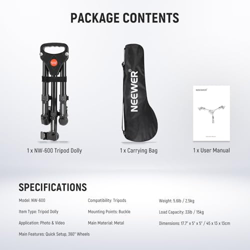NEEWER Photography Tripod Dolly, Heavy Duty 33lbs Capacity Tripod Wheels with 2 inch Rubber Wheels, Adjustable Leg Mount and Carry Bag for Canon Nikon Sony DSLR Cameras Camcorder Photo Video Lighting - style: NW-600 with 2" Wheels