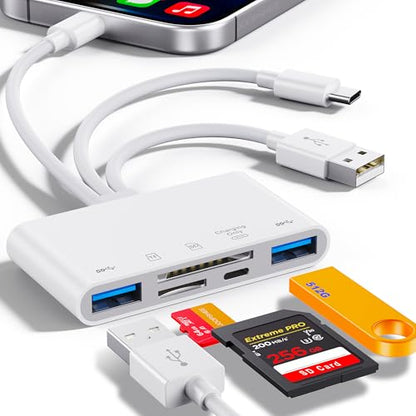 5-in-1 Memory Card Reader, USB OTG Adapter & SD Card Reader for i-Phone/i-Pad, USB C and USB A Devices with Micro SD & SD Card Slots, Supports SD/Micro SD/SDHC/SDXC/MMC - color: white
