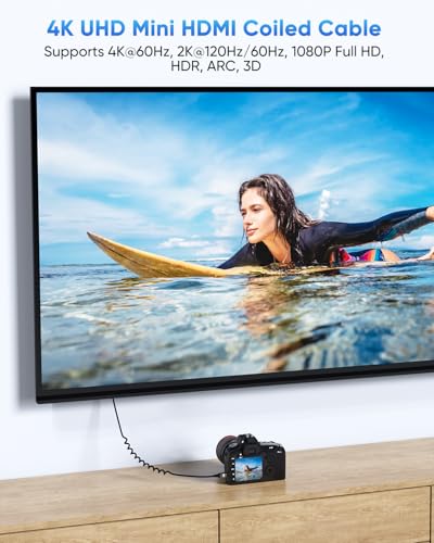 4K Mini HDMI to HDMI Coiled Cable 1FT-3FT for Camera Field Monitor, HDMI to Mini HDMI Coiled Cable Short [Aluminum Shell] 4K@60Hz, 2K, 1080P, HDR, ARC for DSLR, Portable Monitor, Laptop