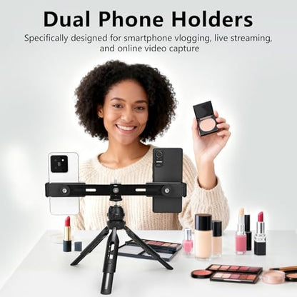 Multifunctional Smartphone Video Kit, with Universal Phone Desktop Tripod with Dual Phone Holders and 4 Cold Shoe mounts for vlogging, Live Streaming, Online Video Teaching, and conferences