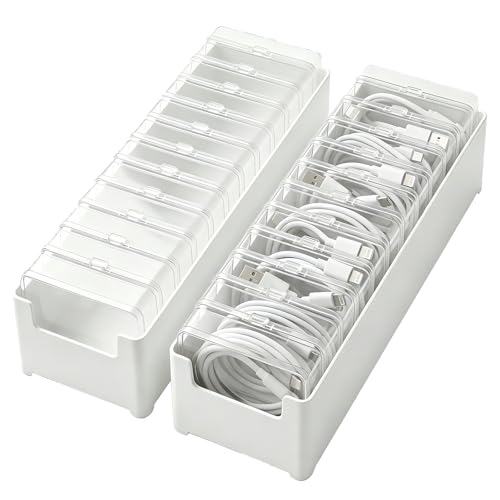 2 Pack Cable Organizer Box with 22 Mini Boxes, Clear Cord Storage Case