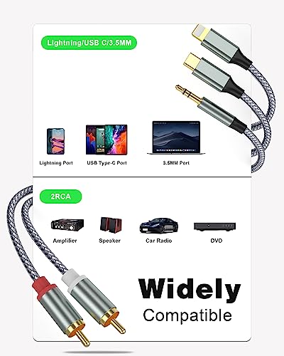 Lightning to RCA Cable Audio Aux Adapter,RCA to 3.5mm Cable，USB C to 2 RCA Audio Cable， (3 in 1 Audio Cable) for Power Amplifier, Car, Home Theater, Speaker and More(Lightning Compatible)(4.26FT)