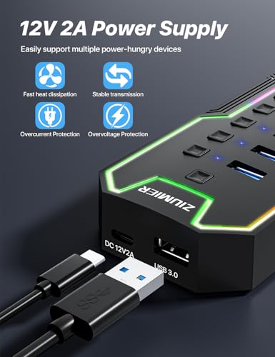ZIUMIER Powered USB Hub, 10 Ports USB 3.0 Hub with RGB LED Strip | 12V/2A Power Adapter USB Extension,Individual LED On/Off Switches for Mac, PC, Desktop, Flash Drive, Mobile HDD