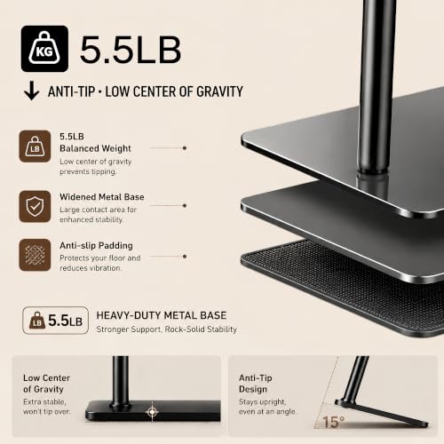 Floor Microphone Stand,Adjustable Boom Arm with Weighted Base & Tray | 5.5lb Weighted Base, Carbon Steel Construction, 2 Mic Clips, 3/8 to 5/8 Adapter, Podcast Streaming Recording Setup
