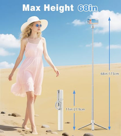 TONEOF 68" Magnetic Selfie Stick Tripod with Aluminum Strong Magnetic Holder for Magsafe, 360° Rotatable Travel Phone Tripod Stand with Metal Ring & Rechargeable Remote for iPhone/Android(Beige Gray) - color: Beige Gray