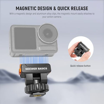 NEEWER Basics Magnetic Cold Shoe Mount Adapter Compatible with DJI OSMO Action 3 4 5 Pro Nano 360 Action Cams, Quick Release with 1/4" Screw Hole for Camera Hot Shoe Mini Tripod Selfie Stick, AC037 - style: AC037