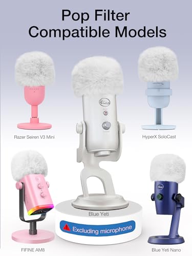 SUNMON Blue Yeti Microphone Pop Filter, Mic Cover Furry Foam for Blue Yeti, Fifine AM8, HyperX SoloCast, Razer Seiren V3 Mini Microphones and Most Mic (White)