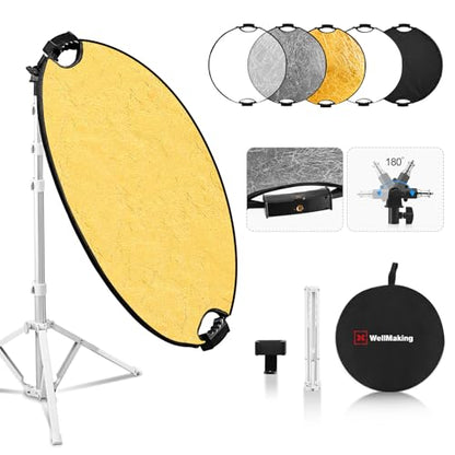 WELLMAKING 32''(80cm) Photography Reflector Dual Handle Collapsible 5-in-1 with Tilt Adapter Reflector, White Portable Stand and Pouch for Studio & Outdoor Lighting-Translucent,Silver,Gold,White&Black