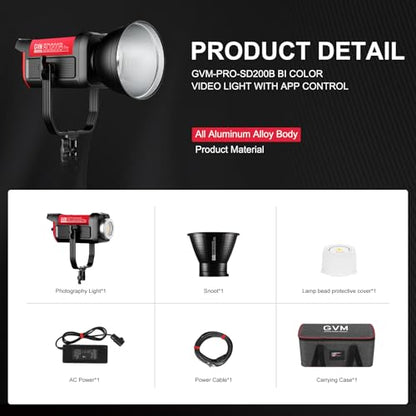 GVM 200W LED Video Light, PRO SD200B Photography Lighting Kit with Bluetooth Mesh Network/DMX Control, 2700K-6800K Studio Light Continuous Lighting Kit for YouTube,Film, 45400lux/1m, 12 Scene Effects - size: SD200B