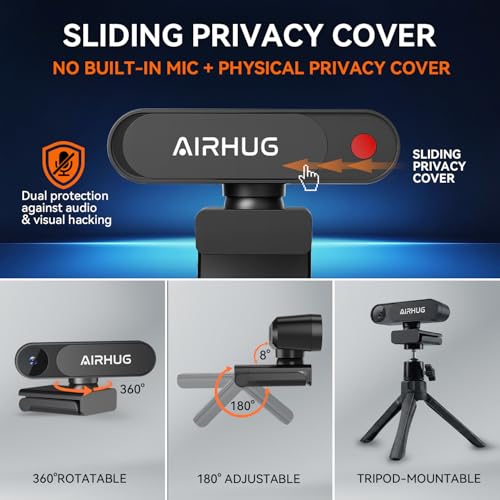 AIRHUG 4K UHD USB Webcam No Mic 16MP Sony Sensor, Privacy Cover for Secure Meetings - PDAF Fast Focus, 63° Gold FOV, Auto Light Correction, Streaming Camera (No Audio) for PC/Laptop/Desktop - style: 4K Webcam Without Mic