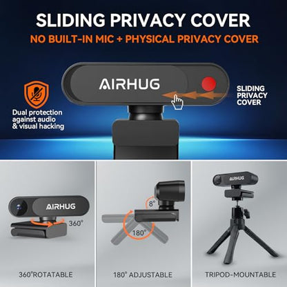 AIRHUG 4K UHD USB Webcam No Mic 16MP Sony Sensor, Privacy Cover for Secure Meetings - PDAF Fast Focus, 63° Gold FOV, Auto Light Correction, Streaming Camera (No Audio) for PC/Laptop/Desktop - style: 4K Webcam Without Mic