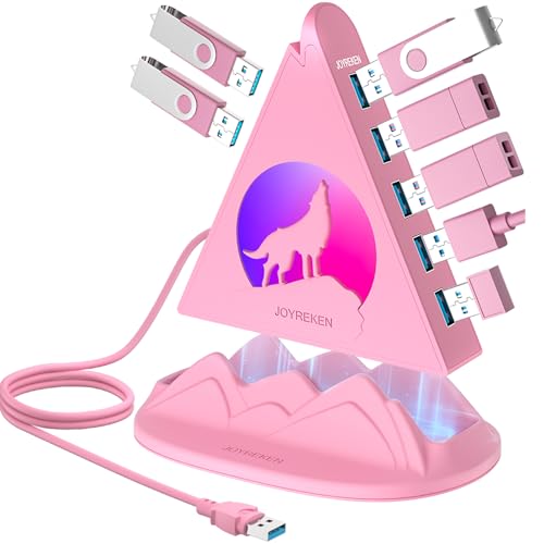 7 Port USB 3.0 Hub,Pink USB Hub with Wolf Shaped RGB Night Light, 2ft Long Cable and Pink Base,for Laptop, PC, Flash Drive, HDD, Console, Printer, Keyborad, Mouse and More(Charging Not Supported) - color: Pink
