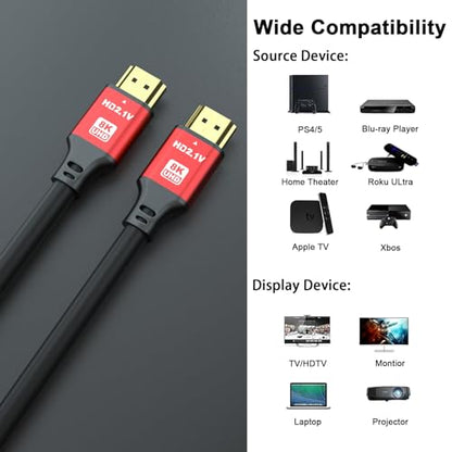 6FT HDMI 2.1 Cable 8K60Hz 4K120Hz, 48Gbps Ultra High Speed HDMI Cable with Gold Plated Connectors, Red Aluminum Housing, for PS5, Xbox Series X, 4K TV, Gaming Monitor, Soundbar, Wall Mount TV. - size: 6FT