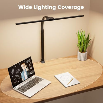 LED Desk Lamp for Home Office, 24W Computer Desk Light with Remote Control, Bright Table Lamp with Clamp Dimmable Tall Desktop Lighting with Bendable Gooseneck, Double Head, Black - style: Clamp Version - Black
