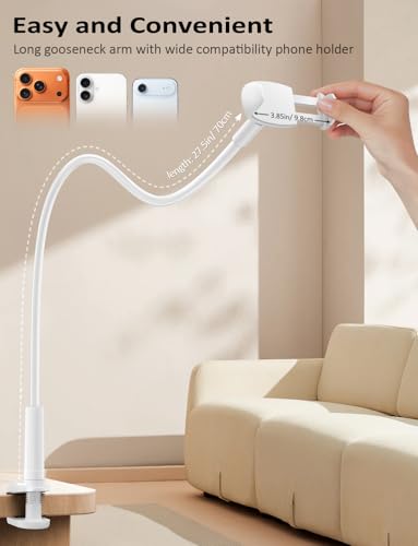 Tryone Gooseneck Phone Holder Stand for Bed Flexible Arm Adjustable Cell Phones Mount Clamp on Desk Bedframe Compatible with iPhone 14 Pro Max 13 12 11 X SE Series/Samsung S22 or Other 4"-7" Devices - color: White