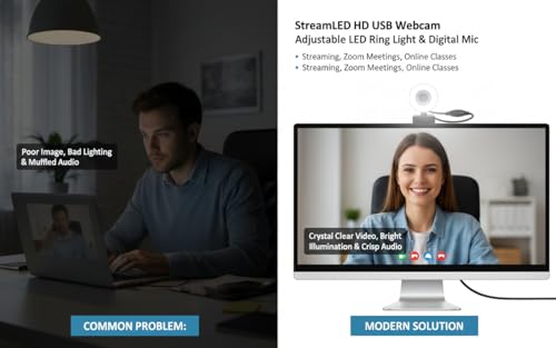 StreamLED HD USB Webcam with Adjustable LED Ring Light & Digital Mic – 720p Web Cam for Streaming, Zoom Meetings, Video Calls, Conferencing, Online Classes & Remote Work Setup