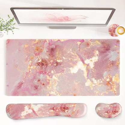 QiyI Leather Desk Mat Set, 4-in-1 Large Mouse Pad with Ergonomic Wrist Rest, Waterproof Desk Pad + Keyboard Wrist Rest + Mouse Wrist Support + Coaster, Non-Slip Office Gaming Accessories, Pink Marble - color: Pink Gold Marble