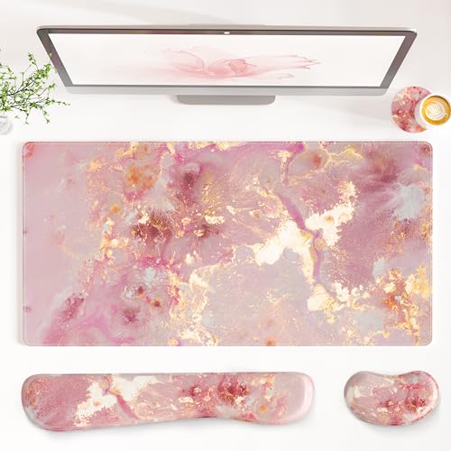 QiyI Leather Desk Mat Set, 4-in-1 Large Mouse Pad with Ergonomic Wrist Rest, Waterproof Desk Pad + Keyboard Wrist Rest + Mouse Wrist Support + Coaster, Non-Slip Office Gaming Accessories, Pink Marble - color: Pink Gold Marble