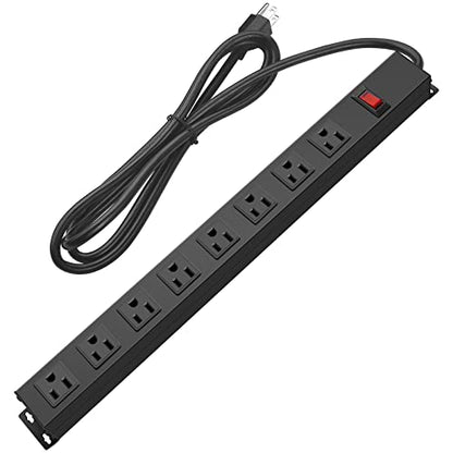 HHOSET Heavy Duty Long 8 Outlets, 14AWG Extension Cord, Black, 3FT, 1 | Metal, Wall Mountable Power Strips with Surge Protection, Switch, Office Under Desk Accessories, Wide Spaced - size: 3ft