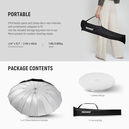 NEEWER 41"/104cm Parabolic Reflective Umbrella Photography with Silver Inner, Soft Lighting with Diffuser Cover, Bag, Quick Fold for Camera Photo Studio Video Light Shooting Monolight Flash, NS1U - color: Silver, size: 41"