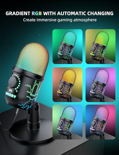 MRSDY USB Gaming Microphone for PC with Noise Reduction, Mute, Gain, RGB | Condenser Mic, Headphone Jack, Suitable for PC, Computer, PS4, PS5, Mac, Streaming, Podcasting, Recording, YouTube, Discord